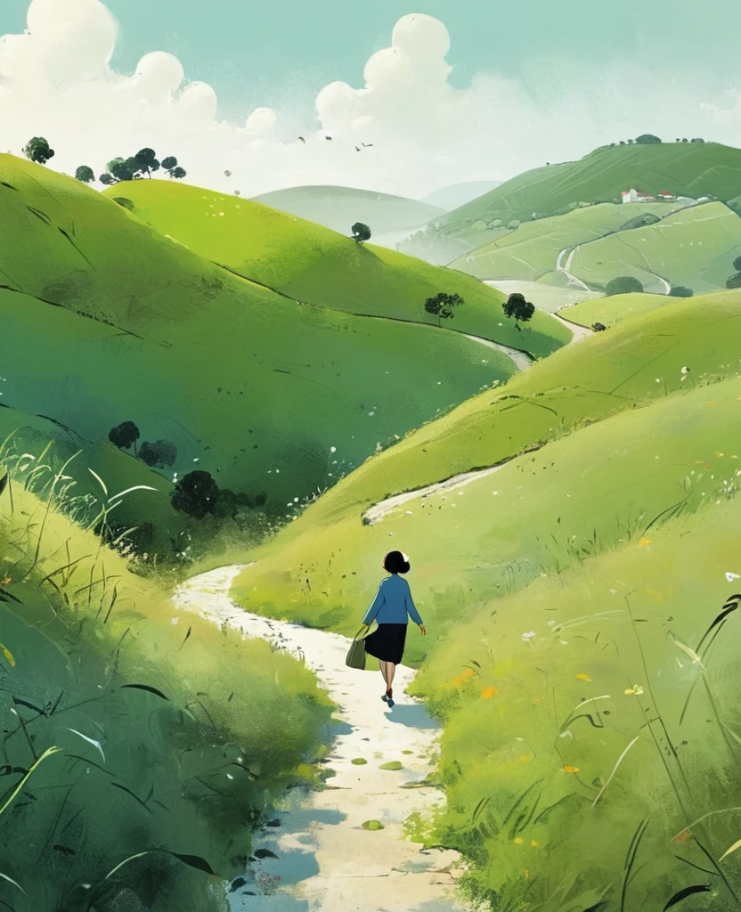 A woman walks along the path between many green hills, in the style of Hergé and Goro Fujita. The ground is covered with grasses and there is plenty of space around her, creating an atmosphere of calmness and tranquility.