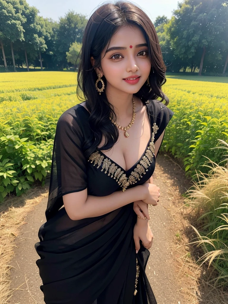 (((desi girl))), chubby face, natural skin, wearing black saree without blouse  charming black hair, Badi Choti ((hair ends are blonde)) Chehre per smile jor se Hans rahi ho Khet Mein Bada gana Khet background, sexy pose seductive to viewers 