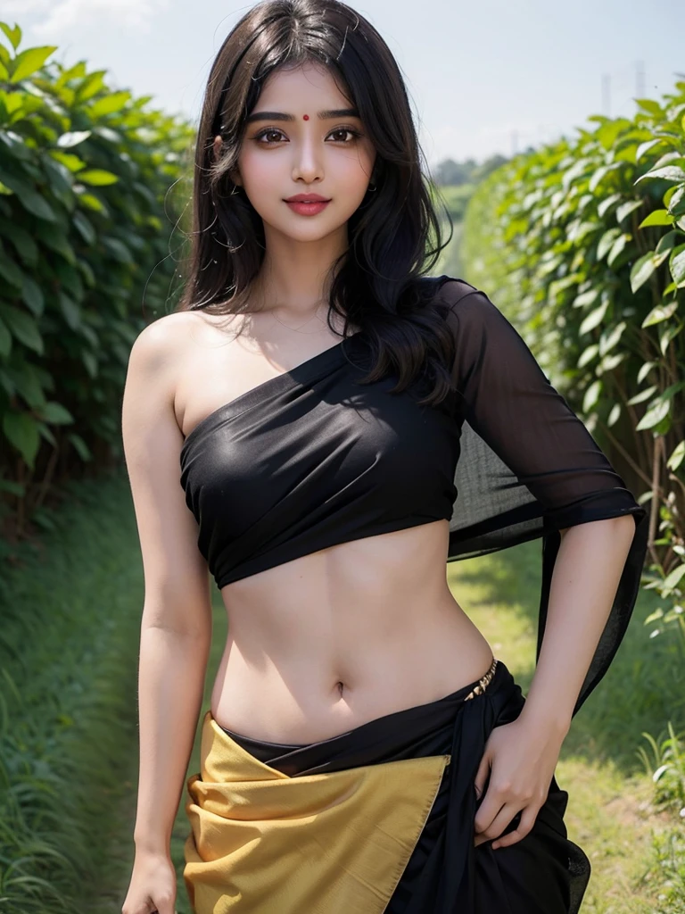 (((desi girl))), chubby face, natural skin, wearing black saree without blouse  charming black hair, Badi Choti ((hair ends are blonde)) Chehre per smile jor se Hans rahi ho Khet Mein Bada gana Khet background, sexy pose seductive to viewers 