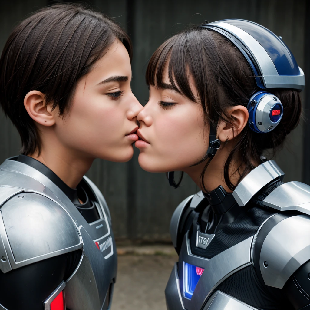 Ther is a robot girl kissing a boy
