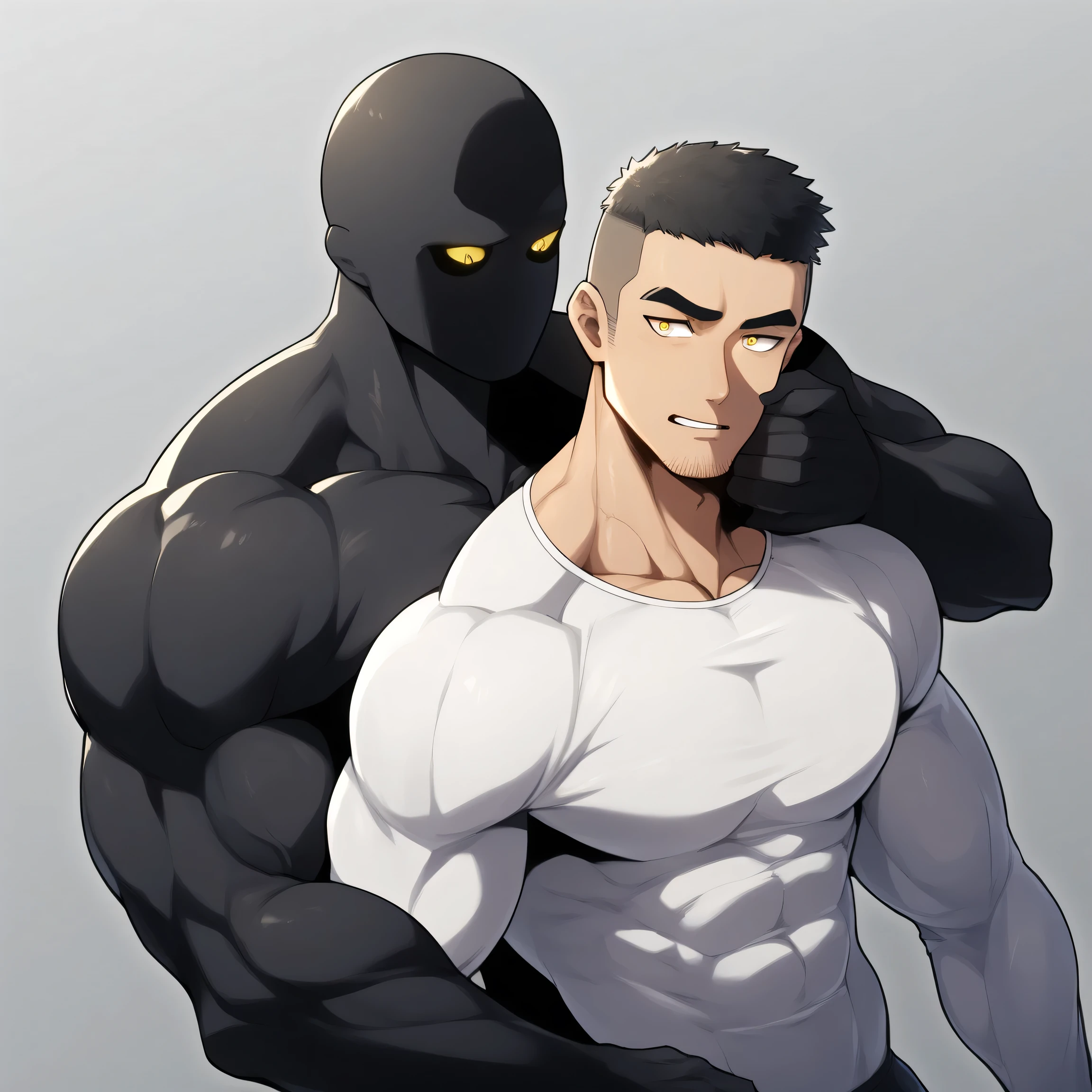 anime characters:Two superheroes in tights, Muscle Sports Student and Muscle No Face skinhead superhero, No Face,negro black skin, They hugged and kissed each other, Bite your neck, Caress, Manliness, male focus, Yellow and black high collar long sleeve tight T-shirt, Slightly transparent material, Very tight, Round, full and perky chest muscles, Muscle waist, Slightly transparent, muscular male, muscular, only, Upper body, alone, Black short hair, Thick eyebrows, stubble, Yellow eyes, Grey background, simple background, amazing quality, best aesthetics, Ridiculous, bright pupils, crew cut, parted lips, seductive smile, torogao, naughty face, drop shadow, best quality