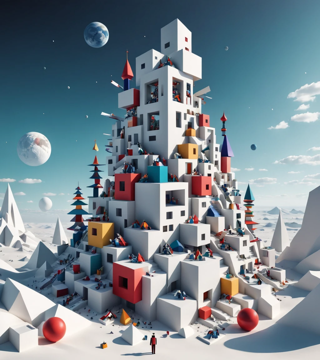 Stacked paperCut art of in the style of Kazimir Malevich,Kazimir Malevich style,Kazimir Malevich art,Kazimir Malevich,Digital illustration of space with lots of objects, 超现实 3d 渲染, Abstract Surrealism, Abstract Surrealism masterpiece, a Surreal dream landscape, Inspired by Mike Winkelmann, 3d abstract render overlayed, 4k highly detailed digital art, Surreal dream landscape, Hyper-realism 8k, Hyperrealistic digital artwork, Philip Hodas&#39;s Artistic Style . 3d, Layered, dimension, depth, Precision cutting, Stacking layers, paperCut, High contrast，Wood blocks stacking