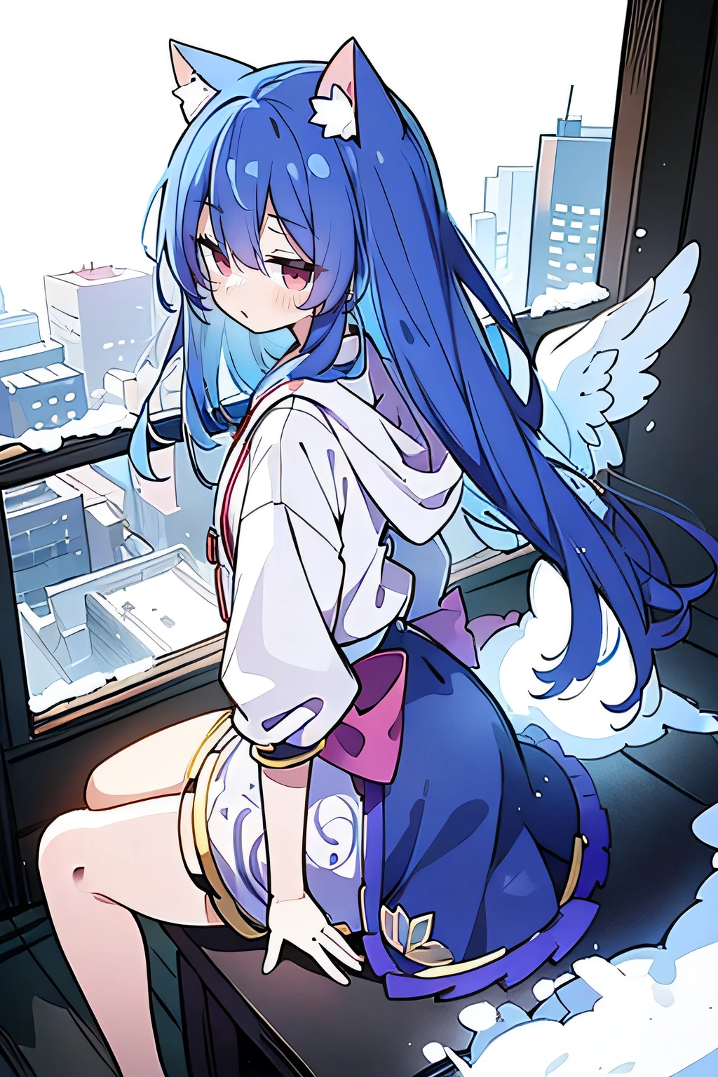 (masterpiece:1.2),Super detailed,lifelike,Expressive eyes,fair skin,perfect face shape,1 girl,
Japanese comics,Gorgeous blue hair,flowing blue hair,flowing clothes,Cat ears,Petals fall,beautiful lola,Baby Angel,
Shaking head with one hand,Cross your legs,Gentle and peaceful background,The pavilion is cool and comfortable,smile, wearing hoodie, background of tokyo,back views,snowing, winter,Angel wings,The world is open,shameful expression。