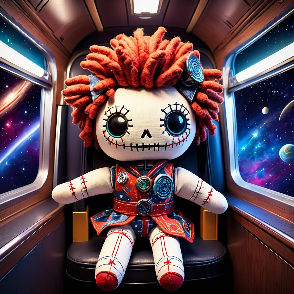 (knitted toy voodoo doll:1.5), (Voodoo Doll on the Galactic Express:1.3), (Clothing: space conductor attire with star patterns:1.0), (Accessories: enchanted ticket emitting cosmic light, floating star maps:1.1), (background: futuristic space train with sleek compartments, glowing star trails, and panoramic space views:1.2), best quality, masterpiece, detailed soft oil painting, detailed background, dramatic cinematic lighting, soft edge lighting, professional, dramatic lighting, hard edge lighting, ultra quality, 4k,masterpiece, best quality, 8k, ultra highres, highres, extremely detailed