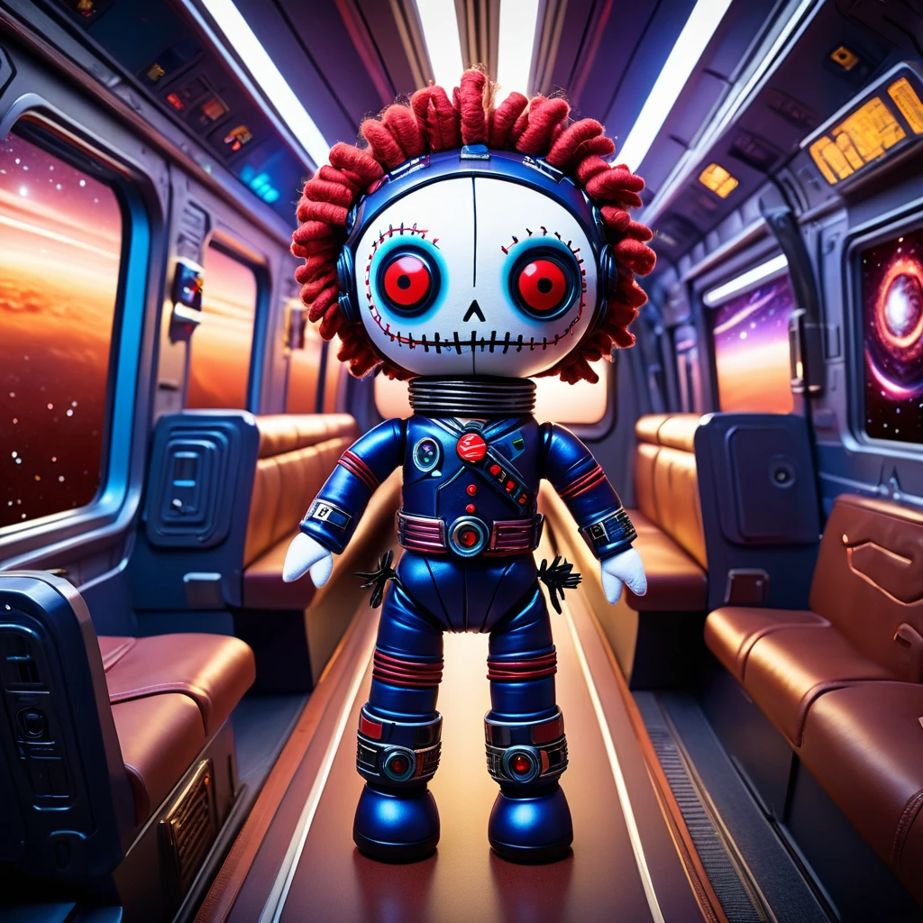 (knitted toy voodoo doll:1.5), (Voodoo Doll on the Galactic Express:1.3), (Clothing: space conductor attire with star patterns:1.0), (Accessories: enchanted ticket emitting cosmic light, floating star maps:1.1), (background: futuristic space train with sleek compartments, glowing star trails, and panoramic space views:1.2), best quality, masterpiece, detailed soft oil painting, detailed background, dramatic cinematic lighting, soft edge lighting, professional, dramatic lighting, hard edge lighting, ultra quality, 4k,masterpiece, best quality, 8k, ultra highres, highres, extremely detailed