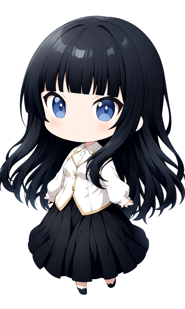 chibi\(style\),whole body、Black Hair、blunt bangs、Semi-long hair、White shirt,Black Stretched Skirt、1 girl, 2D CG, Advanced digital anime art, anime character、Background white