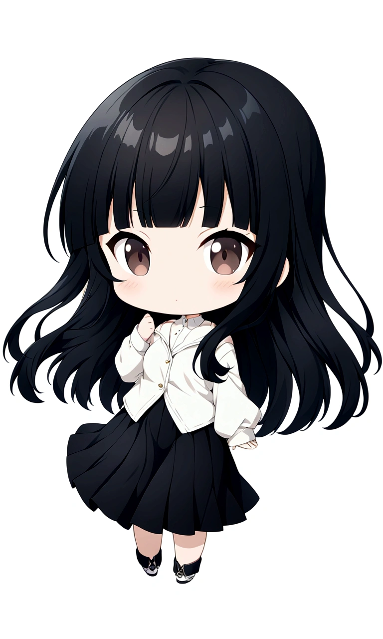 chibi\(style\),whole body、Black Hair、blunt bangs、Semi-long hair、White shirt,Black Stretched Skirt、1 girl, 2D CG, Advanced digital anime art, anime character、Background white
