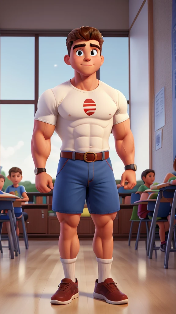 A photo of a super dumb young  male teenager bodybuilder Innocent face idiot expression super muscular blonde redhead handsome dumb face roided giant muscles full kindergartenearing a super tight shirt tight biceps flexing giant ever muscles erect cock penis pale tattooed baseball cap smirk toddler
