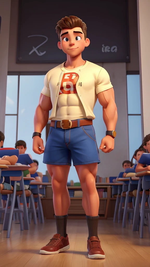 A handsome, well-muscled 12-year-old teenager on steroids, very strong, with a waist measuring 45 centimeters in circumference, super extremely narrow, extremely thin waist, giant niceps, happy in the classroom, tight uniform, short shorts, alongside your classmates