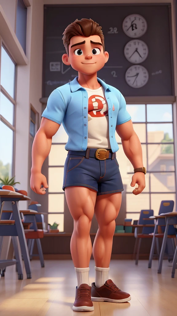 A handsome, well-muscled 12-year-old ager on steroids, very strong, with a waist measuring 45 centimeters in circumference, super extremely narrow, extremely thin waist, giant niceps, happy in the classroom, tight uniform, short shorts, alongside your classmates