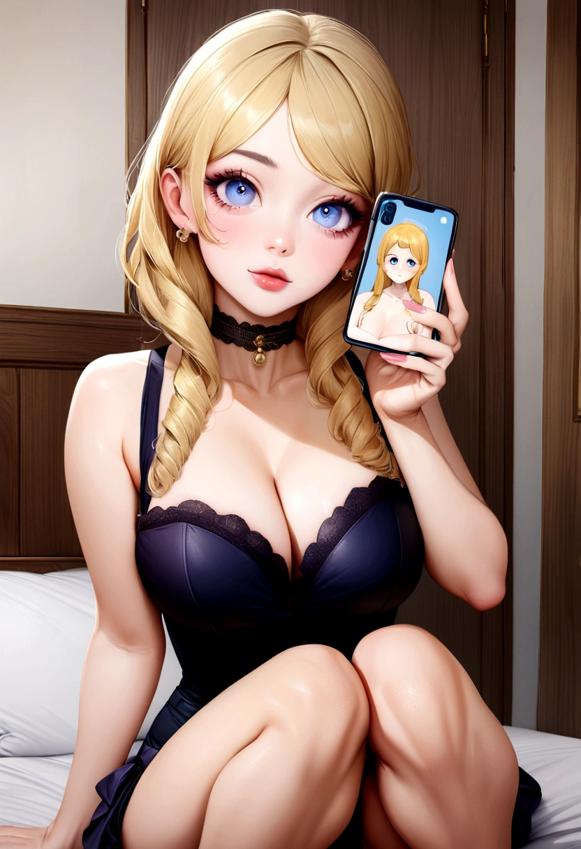 Arafed wife completely , sexy girl with blue eyes, ultra realist, meticulously detailed, portrait Sophie Mudd, blonde hair and big eyes, selfie of a young woman, Bedroom Eyes, Violette Myers, ohne Makeup, natural make-up, look directly into the camera, Face with Artgram, subtle make-up, stunning full body shot kneeling on the bed, in bedroom, big bust, carry, choker