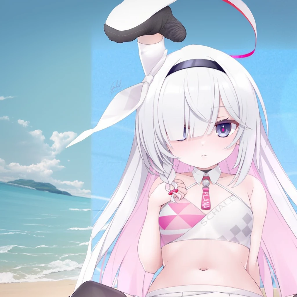 Pumped body, white hair, bunny ears, red eyes, angry face, bikini, wet skin, tanned skin, beach, sun, woman, solo, Bottom view