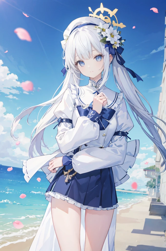 masterpiece, best quality, 1girl, solo, long_hair, looking_at_viewer, white hair twintails, grees eyes, smile, bangs, white princess dress, long_sleeves, hat, dress, bow, holding, closed_mouth, flower, frills, hair_flower, petals, bouquet, holding sword, center_frills, bonnet, holding_bouquet, tachi-e, full body, white background,