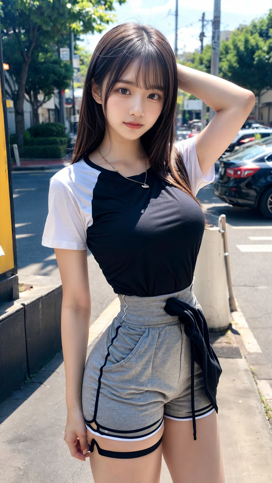 (8K, RAW Photos, Highest quality, masterpiece:1.2), (professional photography, full colors, studio-caliber color grading), (Gravure quality for high-end fashion magazines), BREAK, 18 year old girl, (boyish:1.15), (mannish:1.1), Big Natural Color Lip, (Plumpy body:1.2), (thick waistline:1.2), (smooth skin:1.1), (huge breasts:1.0 BREAK, (Logo T-shirts:1.2 high-waist shorts, necklace