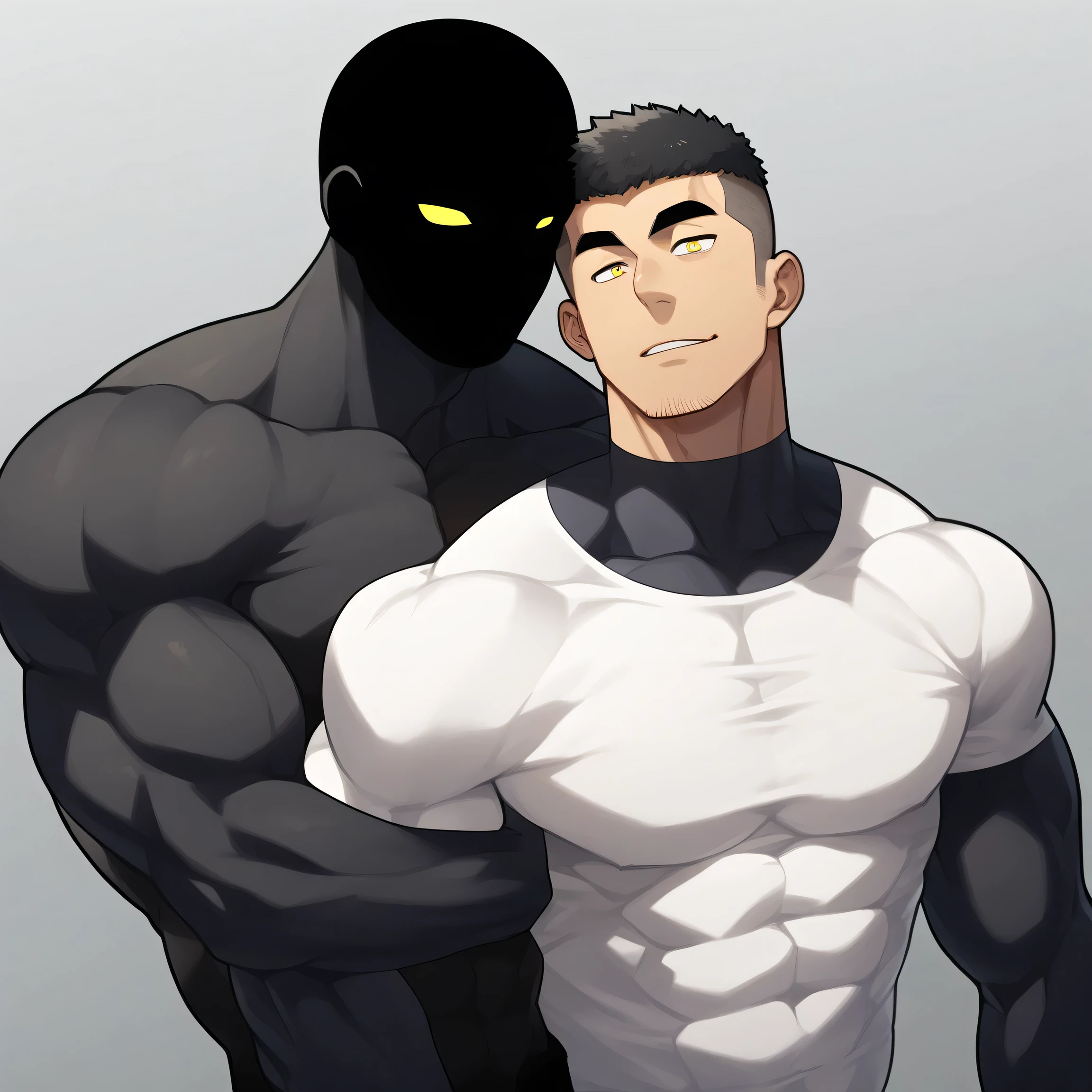 anime characters：Two superheroes in tights, Muscle Sports Student and Muscle No Face skinhead superhero, No Face，negro black skin, They hugged and kissed each other, Bite your neck, Caress, Manliness, male focus, Yellow and black high collar long sleeve tight T-shirt, Slightly transparent material, Very tight, Round, full and perky  muscles, Muscle waist, Slightly transparent, muscular male, muscular, only, Upper body, alone, Black short hair, Thick eyebrows, stubble, Yellow eyes, Grey background, simple background, amazing quality, best aesthetics, Ridiculous, bright pupils, crew cut, parted lips,  smile, torogao,  face, drop shadow, best quality