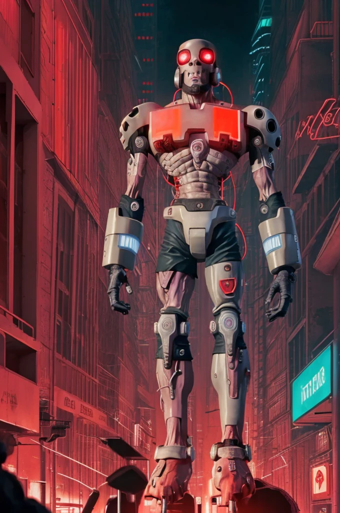 ((masterpiece,Highest quality)), (Glowing neon red light, Cyberpunk City ),
andromon_Digimon, Upper Body, 
alone, View your viewers, Dynamic pose,
Neon Light, Structure of the film,
Realistic images, highest quality, evil aura, rage, grotesque