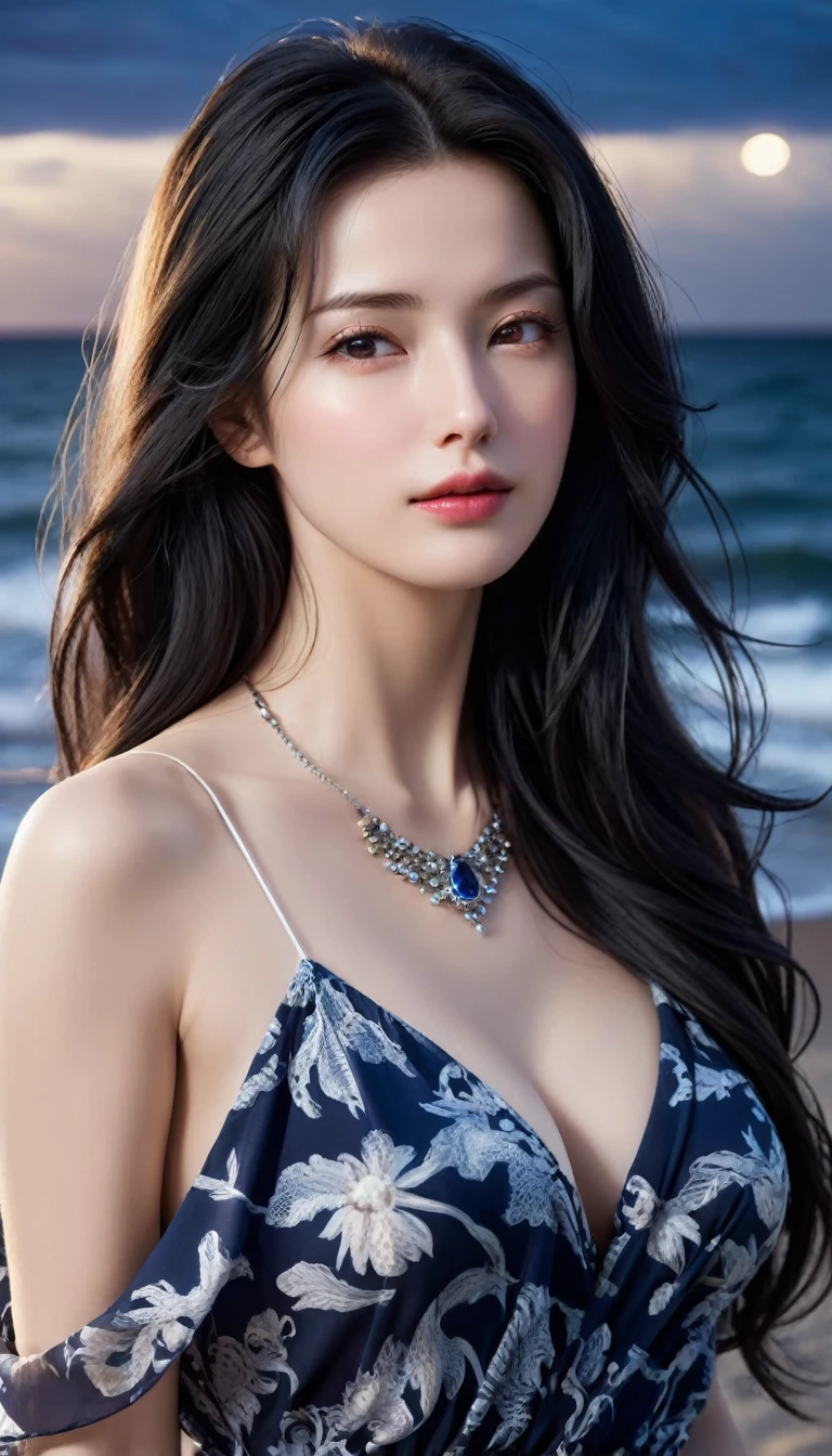 4K resolution,8K resolution,beautiful,Highest quality,Absolutely wonderful,Very detailed,Ultra-high resolution,masterpiece,(Realistic:1.5),(Realistic:1.5),Increased depth of field,Cinematic Light,
One elegant mature woman,
Long black hair,精巧なディテールのbeautiful顔,A face full of compassion,Moist eyes,Transparent white skin,Very sensitive skin,Great proportions,Glamorous Body,Anatomically correct body,
Elegant Summer Beach Dress,Cool design,Gorgeous and detailed pattern,Beautifully detailed pattern,Detailed cloth texture,Gorgeous necklace romantic seaside scenery,Dark night sky,Coastline stretching to the horizon,Deserted beach,Dark sea surface,
Cinematic Angle,