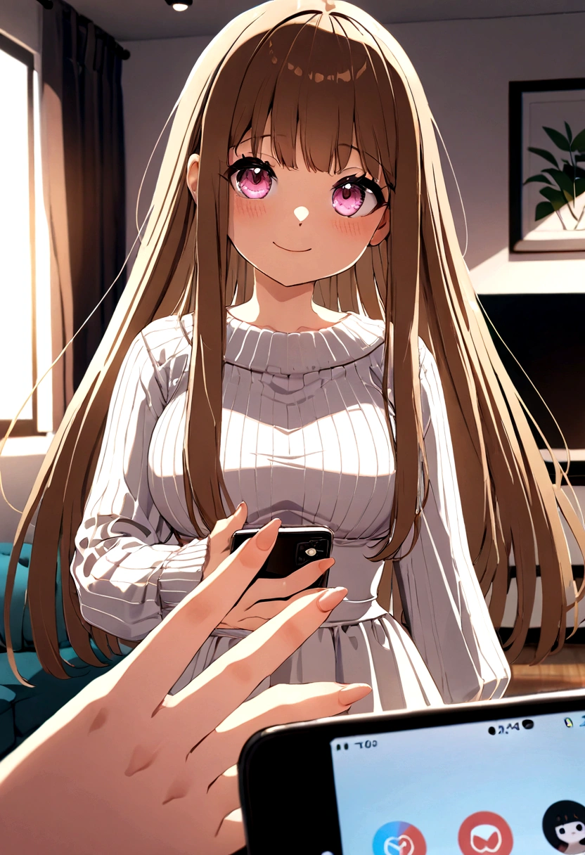 ((1girl)), super fine illustration, vibrant colors, absurdres extremely detailed CG, 8k wallpaper, (masterpiece:1.3), dynamic angle, dynamic pose,
best quality, depth of field, cinematic lighting, ultra detailed, brown long hair, very straight hair, large breast, white knit dress , 20yo, cute, kawaii, smile, droopy eyes, arms at sides, smartphone, modern living room, peace sign, The screen of the smartphone in his hand is facing towards me