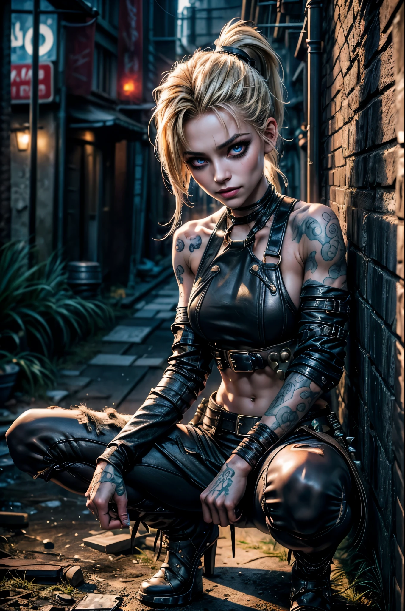 (RAW photo, best quality), Cute jinx girl with blond hair, (double ponytail blond hair), (hair over one eye), (alley background), low light, very dark eyeliner, jinxlol, cute smile, gorgeous face , super cute, punk, healthy face, 17 years old , young looking, hyper detailed face, detailed skin, heavy dark eyeliner, (enormous super sized breast), (thin waist, slender, skinny), ((tight dirty and worn down leather pants)), LowriseXL, ((belt bra)), ((leaning back against wall)), (((three bullet belts))), (((three studded belts))), exposed midriff, tattoos, ((navel piercing)), ((bellybutton piercing)), (thigh belt), leather arm sleeves, ((many hip chains)), ((rock hard abs)), putting weight on one leg, perfecteyes eyes, muddy skin, wet skin, oily skin, ((squatting))