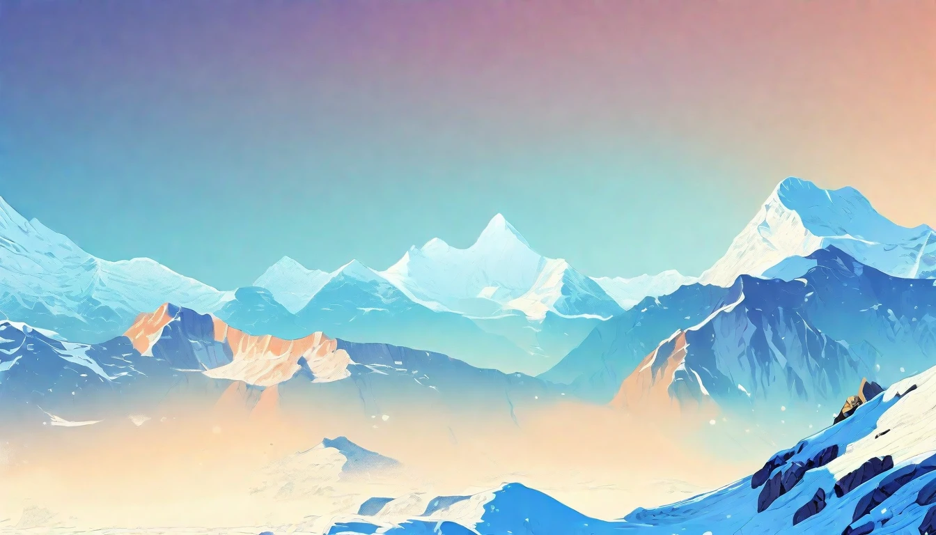 ((high resolution: 1.1))Himalayas，Snowy，The sky is magnificent。Wide panorama，high resolution、High Definition，Cool colors，Flat Wind，Minimalist illustration，Vector。