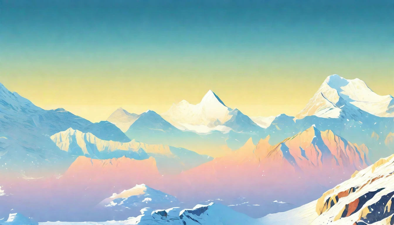 ((high resolution: 1.1))Himalayas,Snowy,The sky is magnificent。Wide panorama,high resolution、High Definition,Cool colors,Flat Wind,Minimalist illustration,Vector。