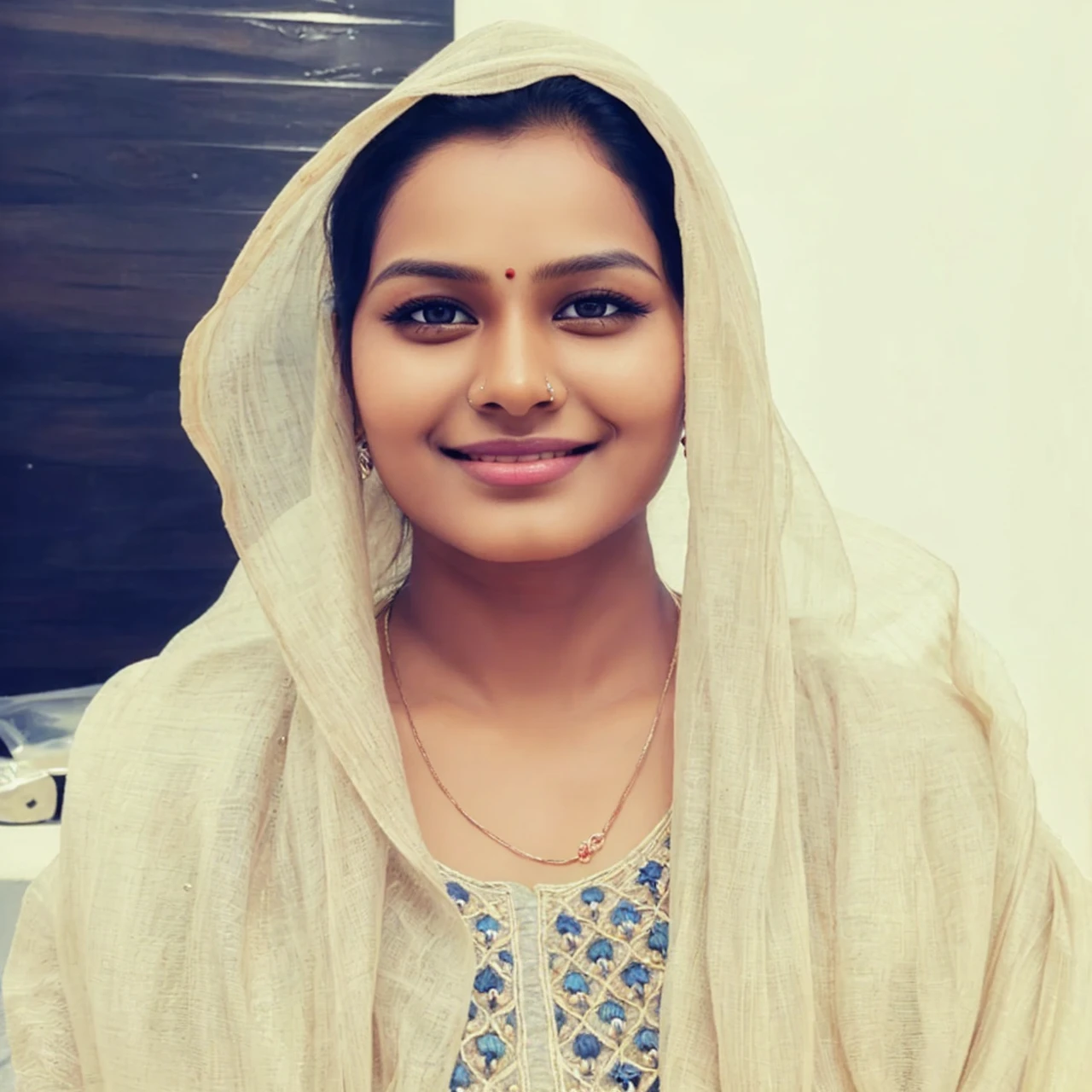 (high quality, masterpiece, HDR, 256K), (hyper-realistic, photorealism) 20 year old extremely beautiful Tamil girl, (intricate detailed extremely beautiful face, eyes, ears, nose, lips, textured skin), eyes symmetry, (bright smile)