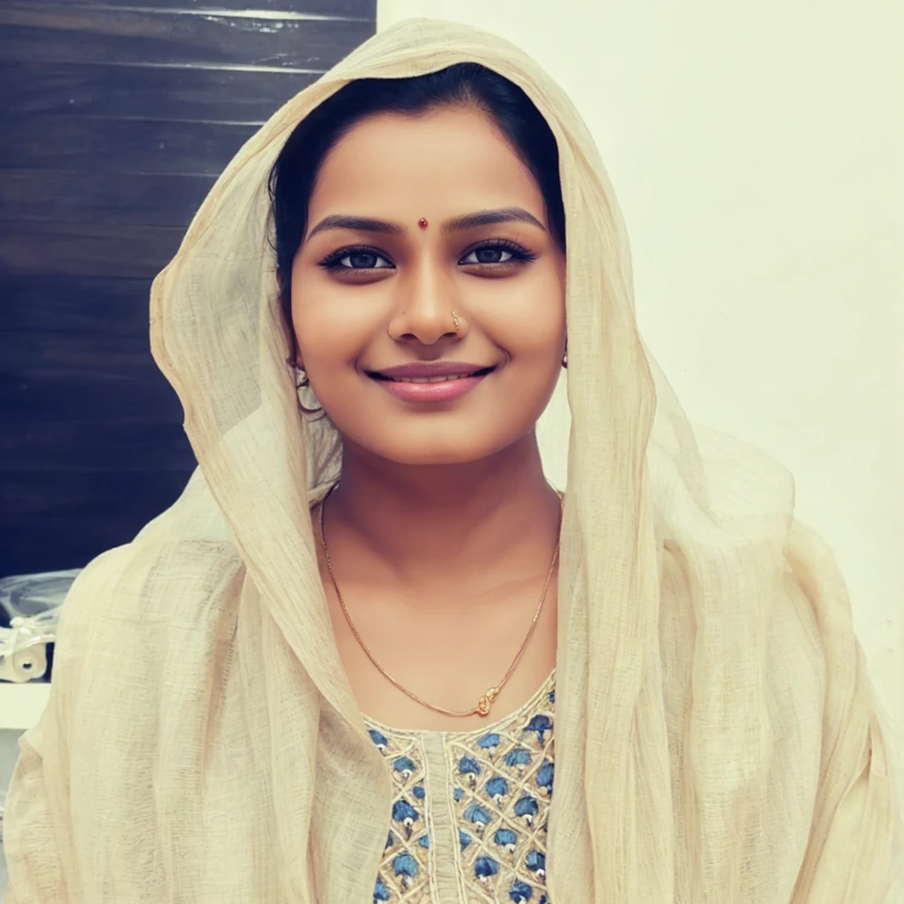 (high quality, masterpiece, HDR, 256K), (hyper-realistic, photorealism) 20 year old extremely beautiful Tamil girl, (intricate detailed extremely beautiful face, eyes, ears, nose, lips, textured skin), eyes symmetry, (bright smile)