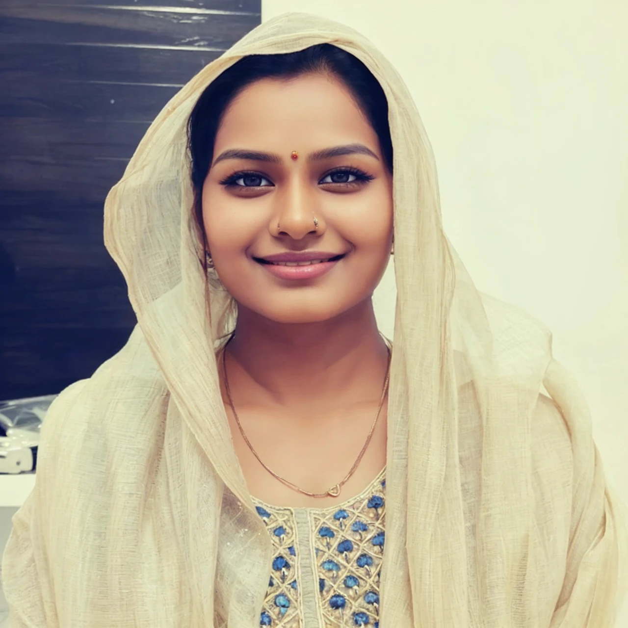 (high quality, masterpiece, HDR, 256K), (hyper-realistic, photorealism) 20 year old extremely beautiful Tamil girl, (intricate detailed extremely beautiful face, eyes, ears, nose, lips, textured skin), eyes symmetry, (bright smile)
