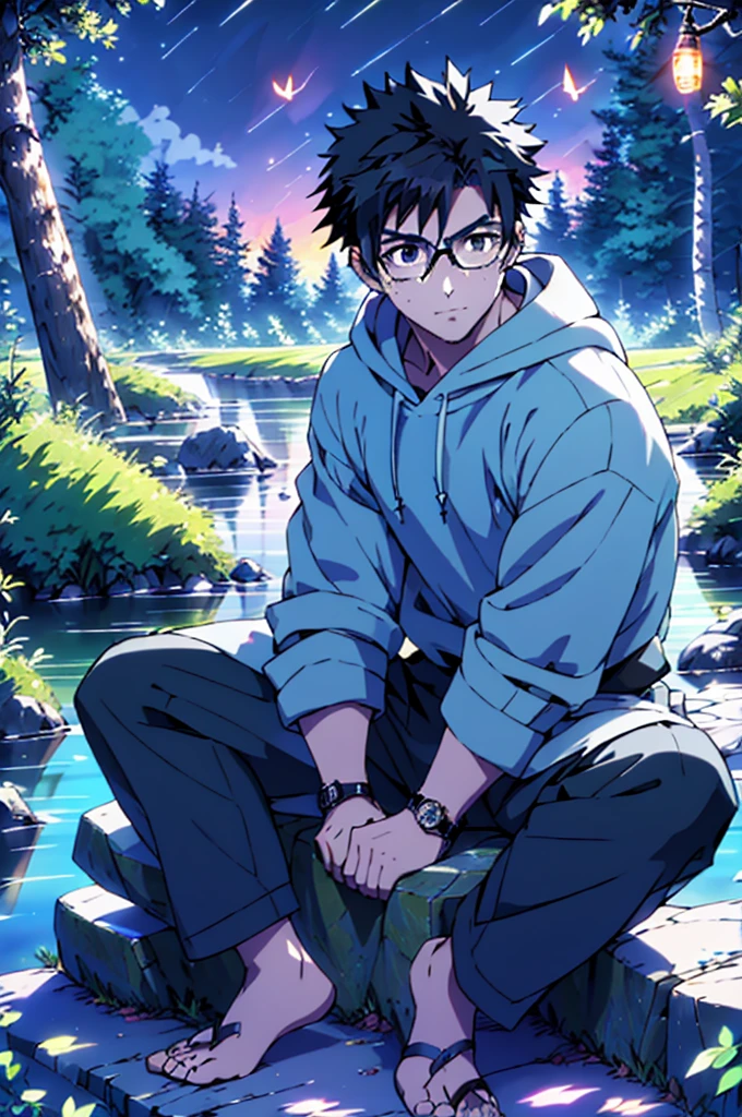 ((Highest quality)), ((masterpiece)), (detailed), Highest quality、High resolution、8K、Wearing a black hoodie、One adult male、33 years old、Dark Eyes、Black Hair、Japanese anime-like style、超High resolutionかわいい萌えアニメ8k、handsome face manly、undercut、Fake Hawk、Slender and muscular、Glasses、barefoot、sitting on a stone、Spread your legs、night、Forest landscape、lake、fire Fly、moonlight