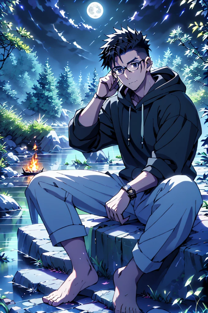 ((Highest quality)), ((masterpiece)), (detailed), Highest quality、High resolution、8K、Wearing a black hoodie、One adult male、33 years old、Dark Eyes、Black Hair、Japanese anime-like style、超High resolutionかわいい萌えアニメ8k、handsome face manly、undercut、Fake Hawk、Slender and muscular、Glasses、barefoot、sitting on a stone、Spread your legs、night、Forest landscape、lake、fire Fly、moonlight