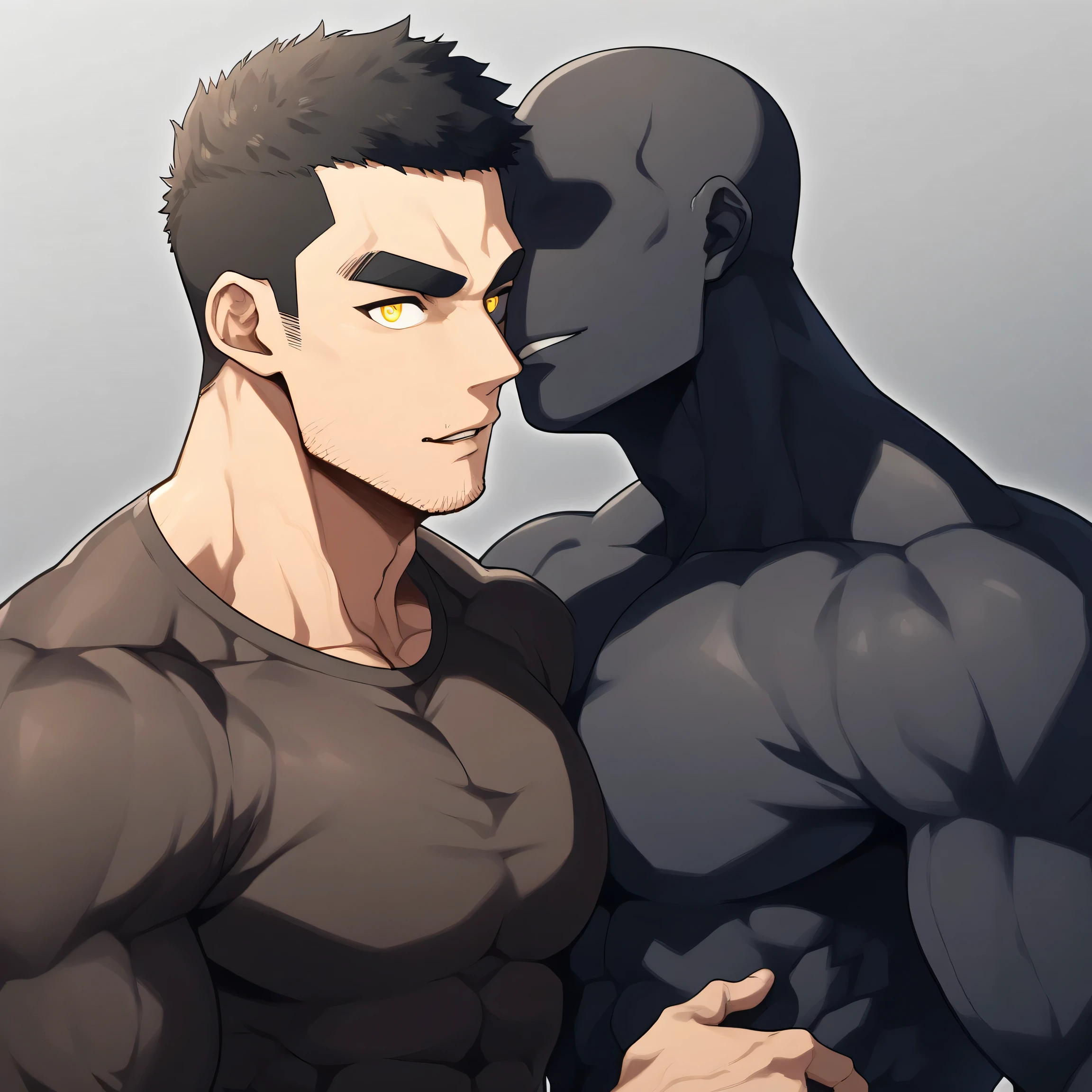 anime characters:Two superheroes in tights, Muscle Sports Student and Muscle No Face No Eyes skinhead superhero, No Face,negro black skin, They hugged and kissed each other, Bite your neck, Caress, Manliness, male focus, Yellow and black high collar long sleeve tight T-shirt, Slightly transparent material, Very tight, Round, full and perky chest muscles, Muscle waist, Slightly transparent, muscular male, muscular, only, Upper body, alone, Black short hair, Thick eyebrows, stubble, Yellow eyes, Grey background, simple background, amazing quality, best aesthetics, Ridiculous, bright pupils, crew cut, parted lips, seductive smile, torogao, naughty face, drop shadow, best quality