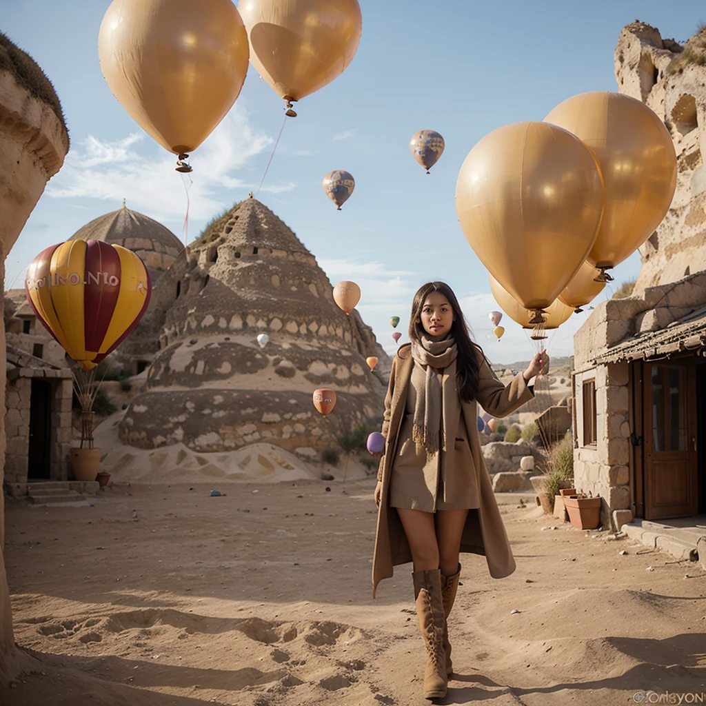 A beautiful 26 year old Indonesian woman wearing a beige coat, scarf and high boots poses elegantly with several giant colorful balloons in the sky of Cappadocia, Turkey.