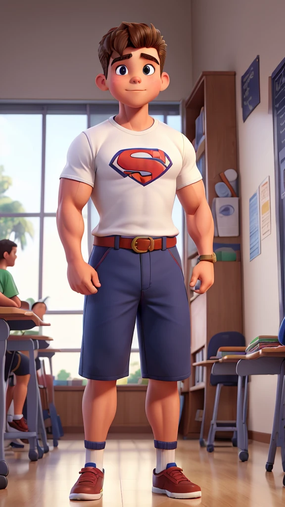 A handsome, well-muscled 12-year-old teenager on steroids, very strong, with a waist measuring 45 centimeters in circumference, super extremely narrow, extremely thin waist, happy in the classroom, tight uniform