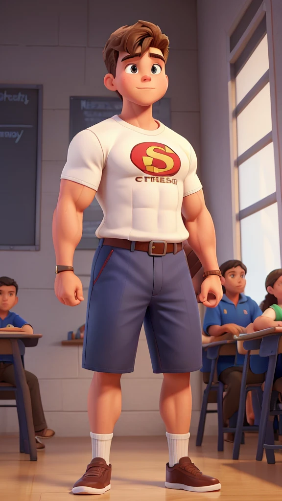 A handsome , well-muscled on steroids, very strong, with a waist measuring 45 centimeters in circumference, super extremely narrow, extremely thin waist, giant niceps, happy in the classroom, tight uniform, short sports shorts, alongside your classmates