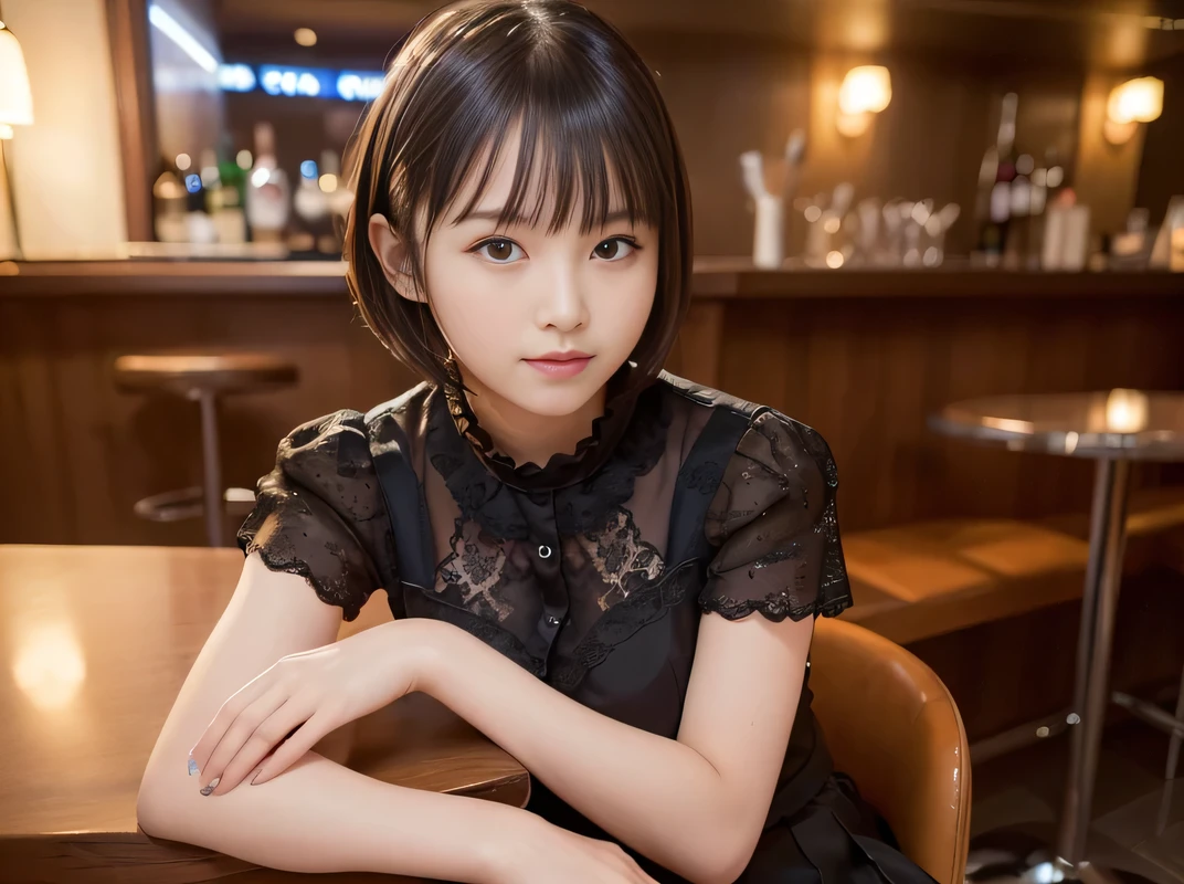 (Highest quality, masterpiece, Ultra-high resolution, 8K, RAW Photos, Realistic, Anatomically correct:1.5), 20-year-old girl:1.2, Embarrassing, avert your eyes, blush:1.0, View Viewer, ((Bar Lounge)) 、Night view、 Light:1.2, Bokeh, Cinema Lighting:1.0, Depth of written boundary, sharp、 Cute face、Idol、Black short sleeve lace top、Black pleated skirt、Black clothing、”dwarf”、(Floral clothes)、(Full Body Shot)、Side angle、Cowboy Shot、 smile、(Ultra short hair)、(Short bob cut)、(Straight bangs)、((See-through))、(( One Girl))、Large Breasts、