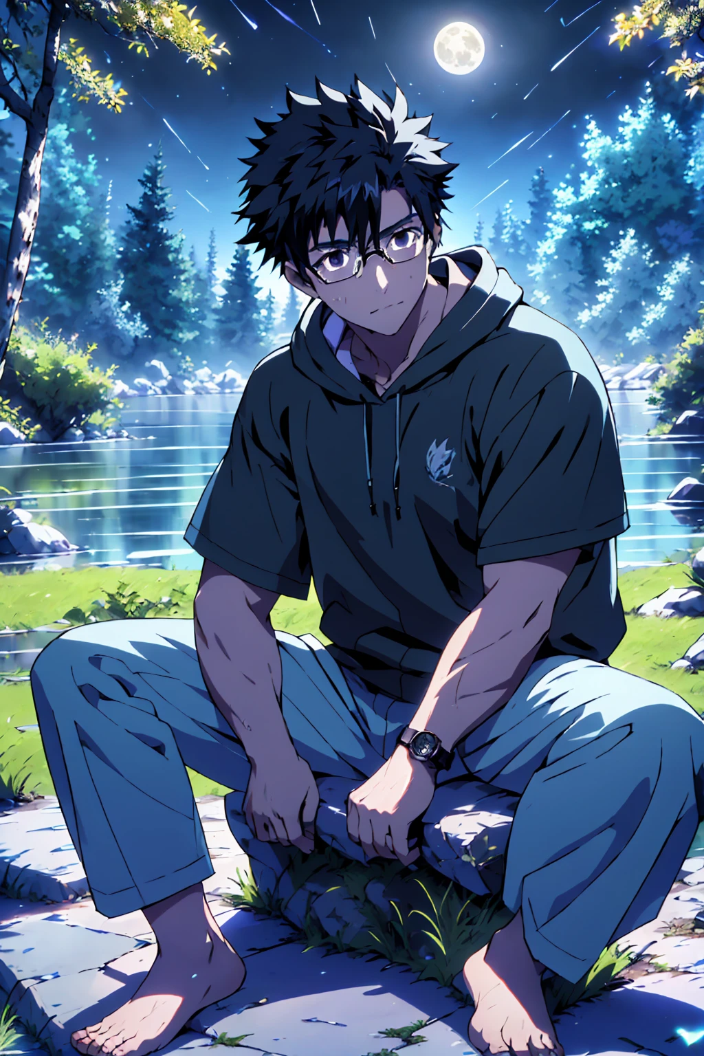((Highest quality)), ((masterpiece)), (detailed), Highest quality、High resolution、8K、Wearing a black hoodie、One adult male、33 years old、Dark Eyes、Black Hair、Japanese anime-like style、超High resolutionかわいい萌えアニメ8k、handsome face manly、undercut、Fake Hawk、Slender and muscular、Glasses、barefoot、sitting on a stone、Spread your legs、night、Forest landscape、lake、fire Fly、moonlight