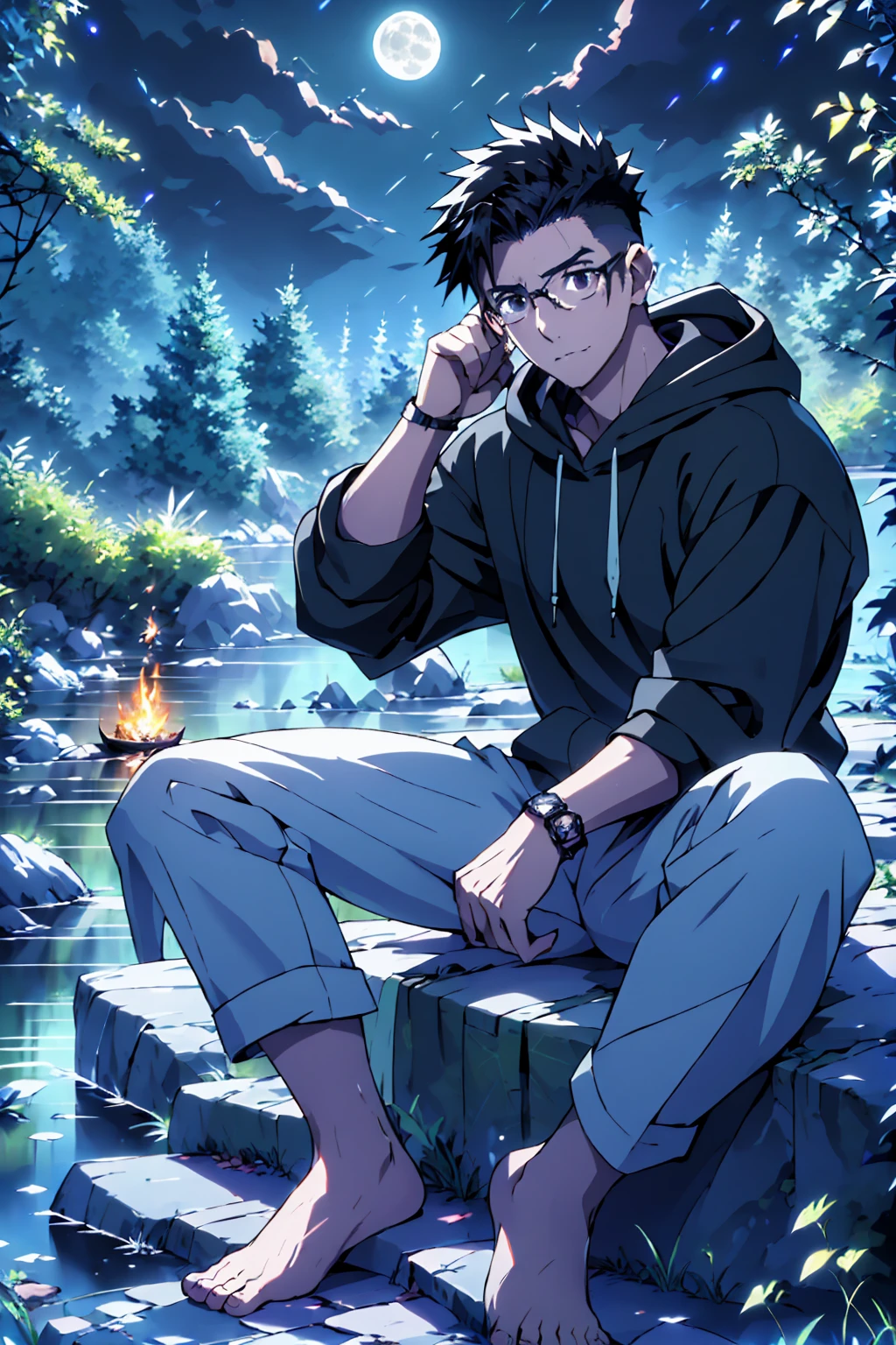 ((Highest quality)), ((masterpiece)), (detailed), Highest quality、High resolution、8K、Wearing a black hoodie、One adult male、33 years old、Dark Eyes、Black Hair、Japanese anime-like style、超High resolutionかわいい萌えアニメ8k、handsome face manly、undercut、Fake Hawk、Slender and muscular、Glasses、barefoot、sitting on a stone、Spread your legs、night、Forest landscape、lake、fire Fly、moonlight