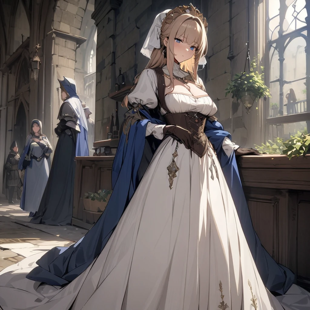 Top quality, masterpiece, medieval European style, upper class, lady, long dress, ティアラ, long gloves