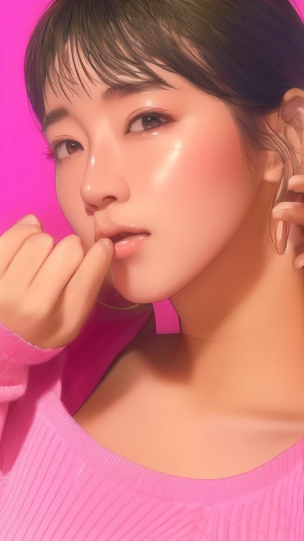 Captured by a professional photographer、, Ultra-high resolution, Accurate, Anatomically correct, Textured skin, Super detailed, Attention to detail, Highest quality, 8K, A Japanese woman wearing a pink sweater holds her hands over her ears, Riho Yoshioka,　Riho Yoshioka、cute，Exposing shoulders、