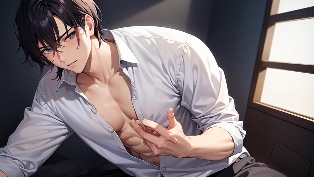 a close up of a person with a shirt on and a shirt on, handsome anime pose, anime handsome man, handsome japanese demon boy, sui ishida art manga, muscular!!, tall anime guy with blue eyes, man, boy, sex, He is feeling flushed, ikemen, missionary position sex, he is sexy, nsfw, aroused during sex, hot