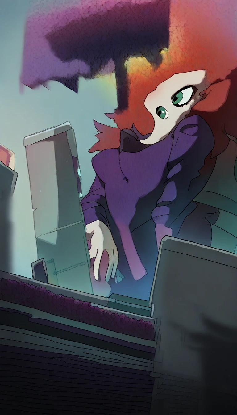 An attractive sexy hex girl with a big breast wears red hair, a tousled cut, her green eye, wears a purple button-down office coat and a long purple skirt with a black heel.