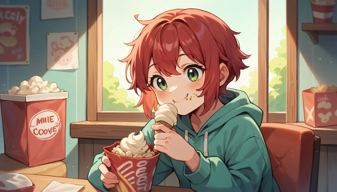 cute girl, 18 years, eating popcorn and ice cream, smiling, red hair, class room,