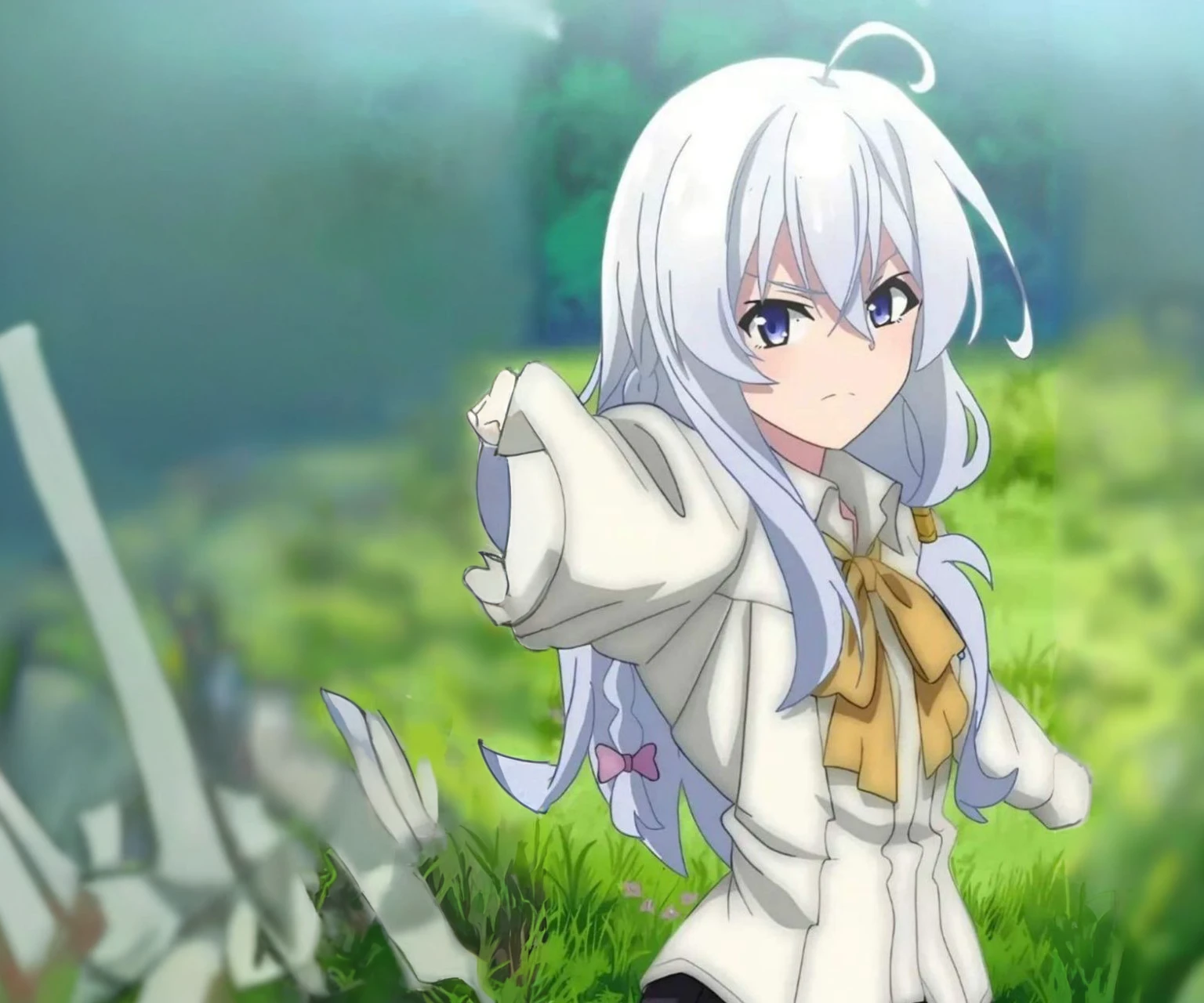 a close up of a person stretching her ahnd palm facing up, an anime drawing inspired by Tomioka Tessai, trending on pixiv, shin hanga, anime visual of a cute girl, anime character, anime moe artstyle, female anime character, today's featured anime still, nyaruko-san, anime best girl, anime girl named lucy, white haired deity