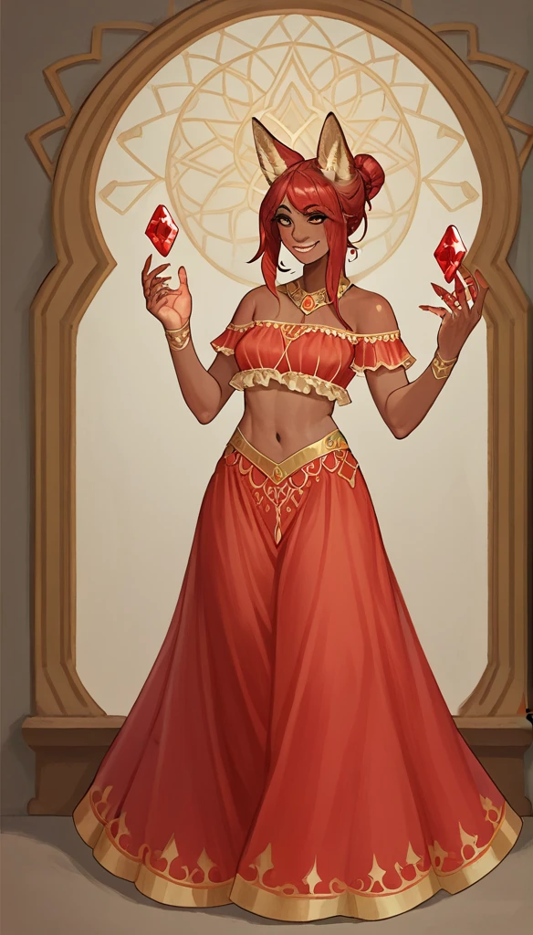 score_9, score_8_up, score_7_up, score_6_up, score_5_up, score_4_up,
female, (fox:1.2), animal ears, holding (2 red magic Crystals on hands), (hands_up) , jewelery, hair_bun, dark_skin, dark_skinned_female, red hair, brown eyes, eyelashes, smiling, frills, ((Translucent croptop, arabic bloomers)),
Full body standing painting, (((solo))), Simple line design, ((tarot card background, symmetric beauty)), perfectly symmetrical, The art of symmetry, Standing drawings of characters, ((flatcolors)), tmasterpiecetop Qualities qualtiy