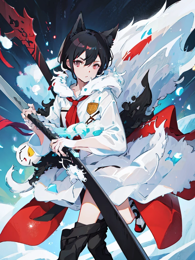 snow cat boy,ears and tail with black spots,White fur,messy black hair,Red eyes, extroverted and arrogant (unique poses) (shiny backgrounds)
