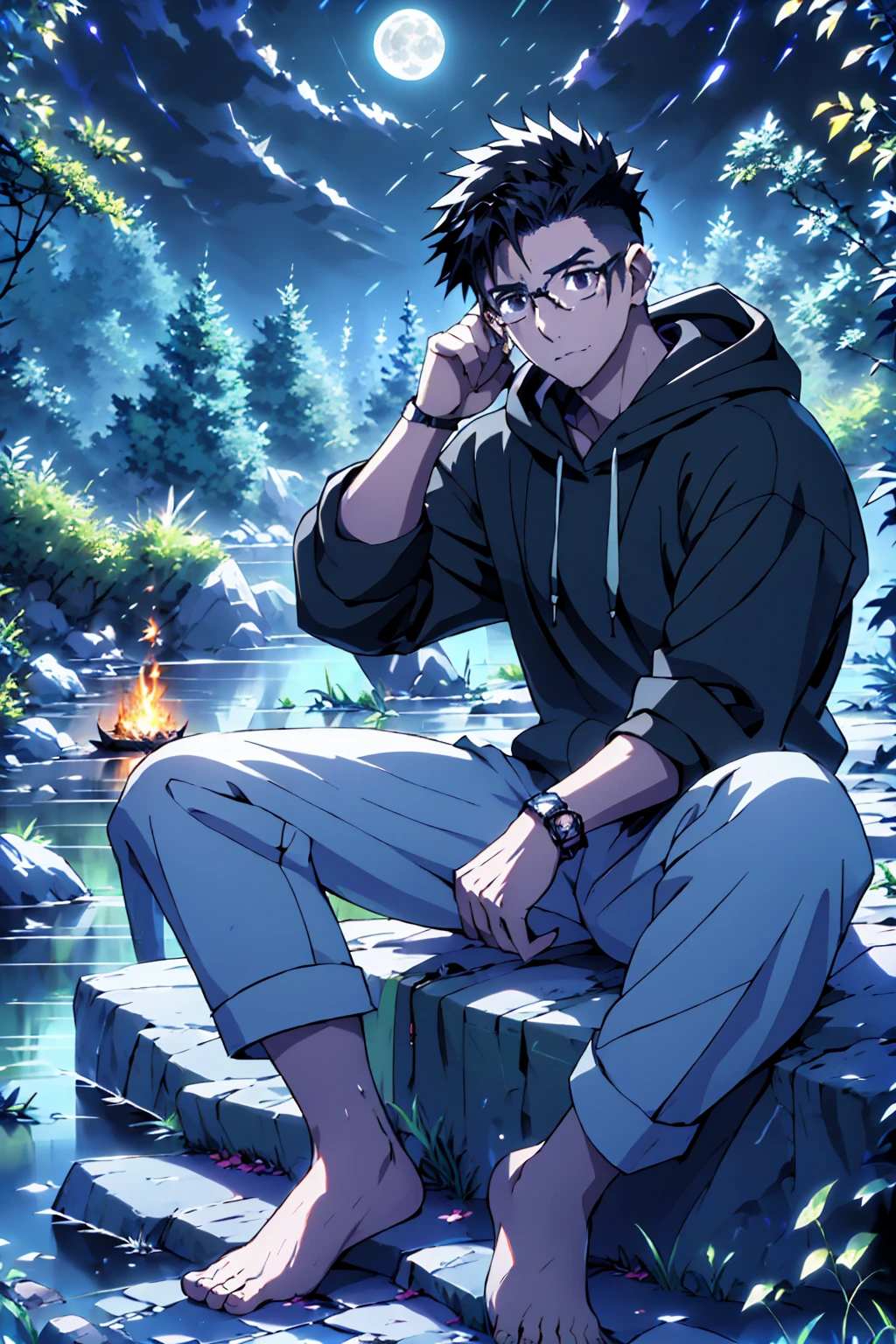((Highest quality)), ((masterpiece)), (detailed), Highest quality、High resolution、8K、Wearing a black hoodie、One adult male、33 years old、Dark Eyes、Black Hair、Japanese anime-like style、超High resolutionかわいい萌えアニメ8k、handsome face manly、undercut、Fake Hawk、Slender and muscular、Glasses、barefoot、sitting on a stone、Spread your legs、night、Forest landscape、lake、fire Fly、moonlight