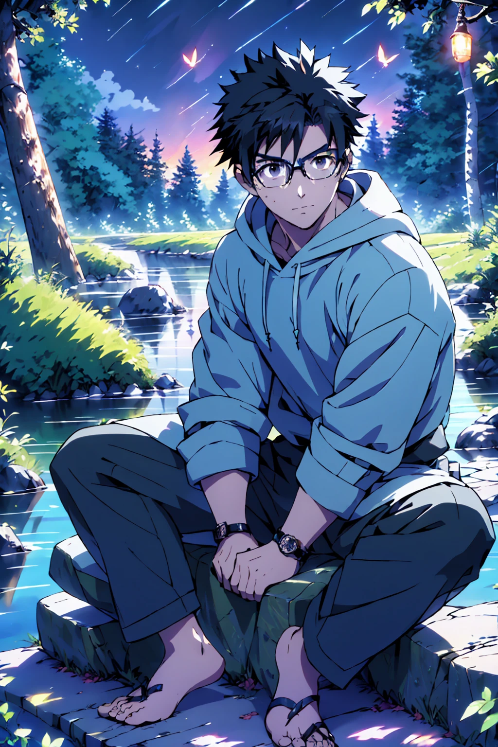 ((Highest quality)), ((masterpiece)), (detailed), Highest quality、High resolution、８K、Wearing a black hoodie、One adult male、33 years old、Dark Eyes、Black Hair、Japanese anime-like style、超High resolutionかわいい萌えアニメ8k、handsome face manly、undercut、Fake Hawk、Slender and muscular、Glasses、barefoot、sitting on a stone、Spread your legs、night、Forest landscape、lake、fire Fly、moonlight