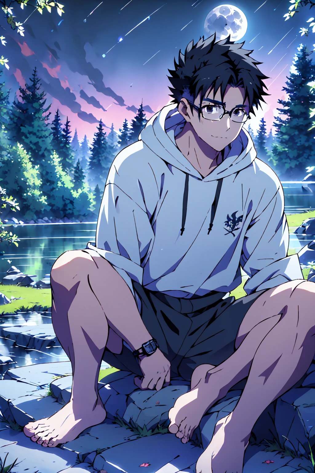 ((Highest quality)), ((masterpiece)), (detailed), Highest quality、High resolution、8K、Wearing a black hoodie、One adult male、33 years old、Dark Eyes、Black Hair、Japanese anime-like style、超High resolutionかわいい萌えアニメ8k、handsome face manly、undercut、Fake Hawk、Slender and muscular、Glasses、barefoot、sitting on a stone、Spread your legs、night、Forest landscape、lake、fire Fly、moonlight