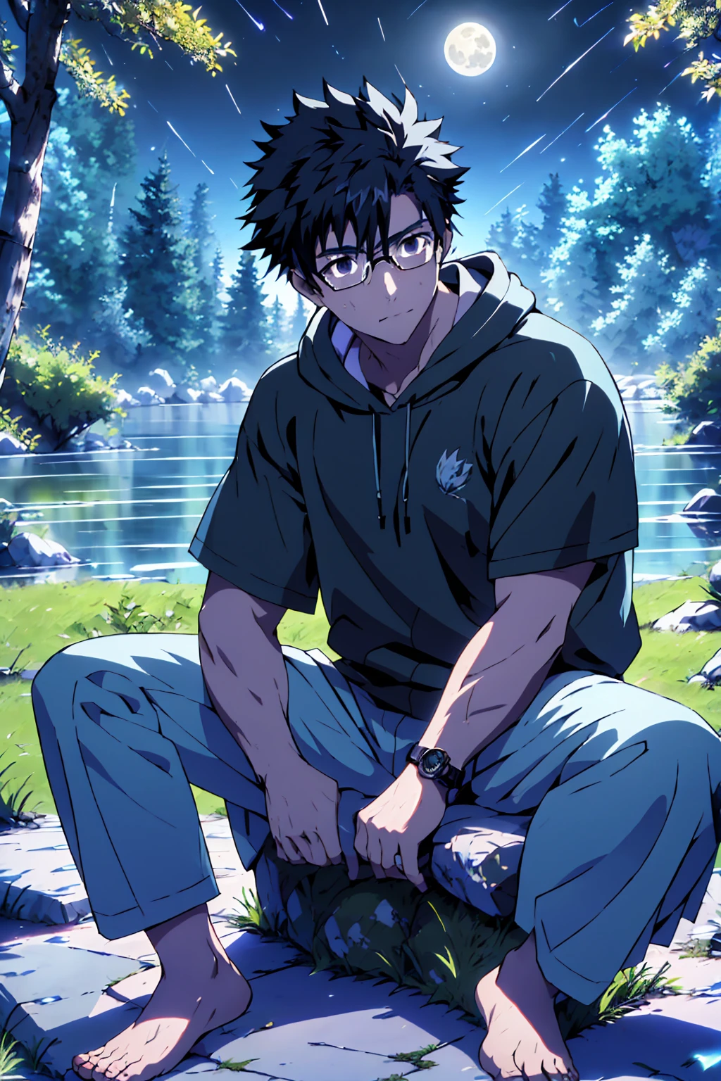 ((Highest quality)), ((masterpiece)), (detailed), Highest quality、High resolution、8K、Wearing a black hoodie、One adult male、33 years old、Dark Eyes、Black Hair、Japanese anime-like style、超High resolutionかわいい萌えアニメ8k、handsome face manly、undercut、Fake Hawk、Slender and muscular、Glasses、barefoot、sitting on a stone、Spread your legs、night、Forest landscape、lake、fire Fly、moonlight
