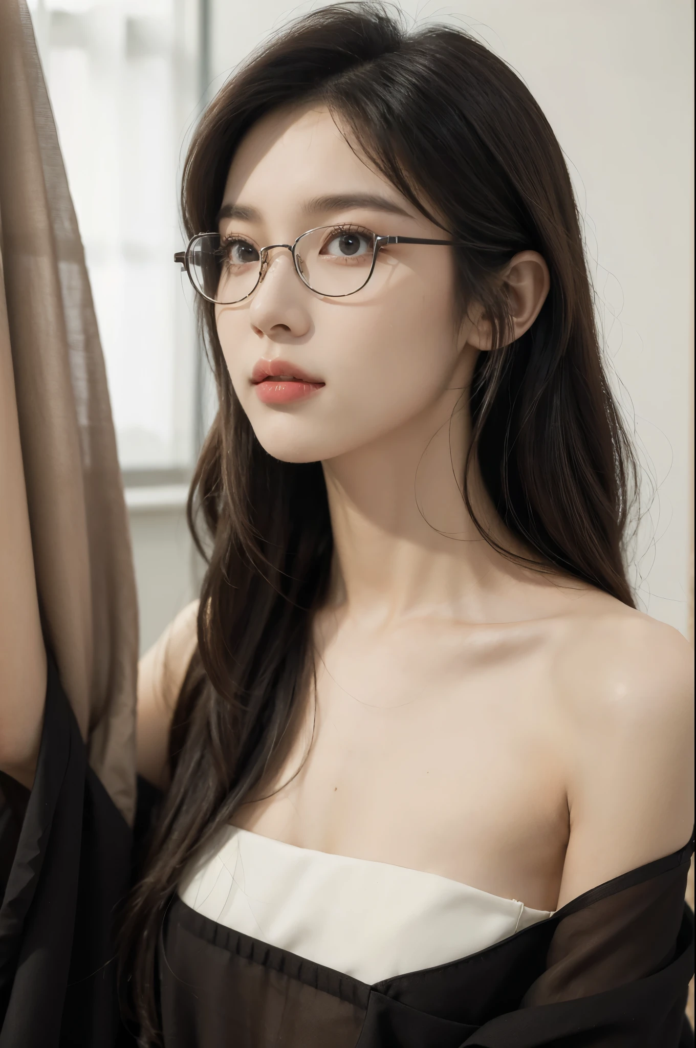 (((best quality))),(((ultra detailed))),(((masterpiece))),illustration,(close-up of face:1.3),((1 beautiful girl,solo)),(shoulder-length straight bob hair:1.2),((slim,thin,small breasts,flat chest)),severe myopia,(glasses:1.3),halter top,white wall,dim lighting,gaze,delicate collarbone,smooth skin,intellectual air,vision impairment,contrast,hauntingly beautiful,testament to resilience,(darkness:1.3)